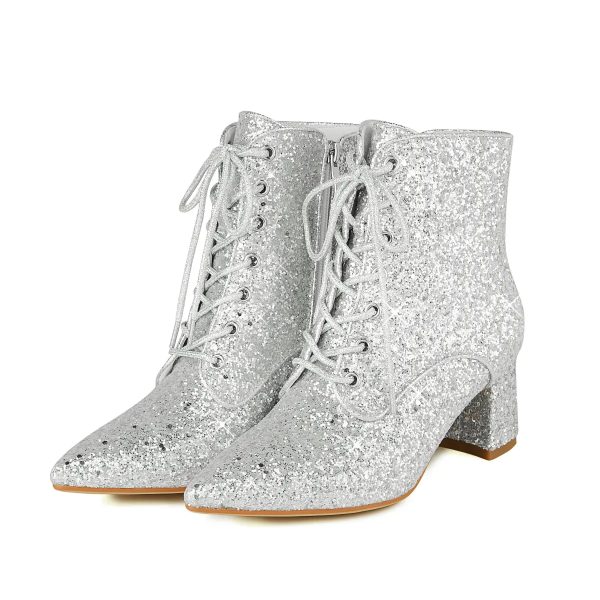 Women Sparkly Block Heel Glitter Ankle Boots Pointed Toe  Sequin Booties