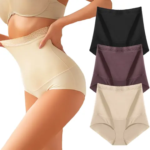 FINETOO Women's Lady 3PCS High-Waisted Tummy Control Nylon Blend Panties - Lace Waistband, Soft Stretchy, No Show, Casual Minimalist Seamless Undergarment Lingerie (S-3XL)