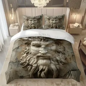 2/3Pcs Ancient Deity Face Pattern Duvet Cover Set(1*Duvet Cover+1/2*Pillowcase,No Filling)Digital Print,100% Polyester Fiber,Machine Washable,Perfect Gift For Family,Friends During Festivals,All Season Use