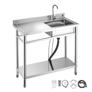 VEVOR Stainless Steel Utility Sink, Free Standing Single Bowl Commercial Kitchen Sink with Faucet, 39.4 x 19.7 x 37 in, Utility Left Basin with Hot & Cold Water Pipe for Garage, Restaurant, Laundry