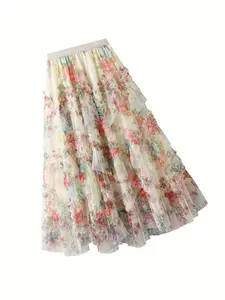 Women's Summer Mesh Print Patchwork Cake Dress, Casual Beach Vacation Boho Style, Elastic Waist Floral Puff Half Skirt, Comfortable and Stylish Floral Printed Skirt, Bohemian