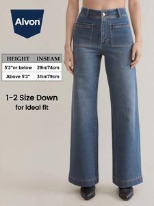 ALVON Women's Stretch Denim Pants Recycled High Waist Wide Leg Jeans Classic Streetwear Comfort Baggy Trouser Maxi Pocket Fitted