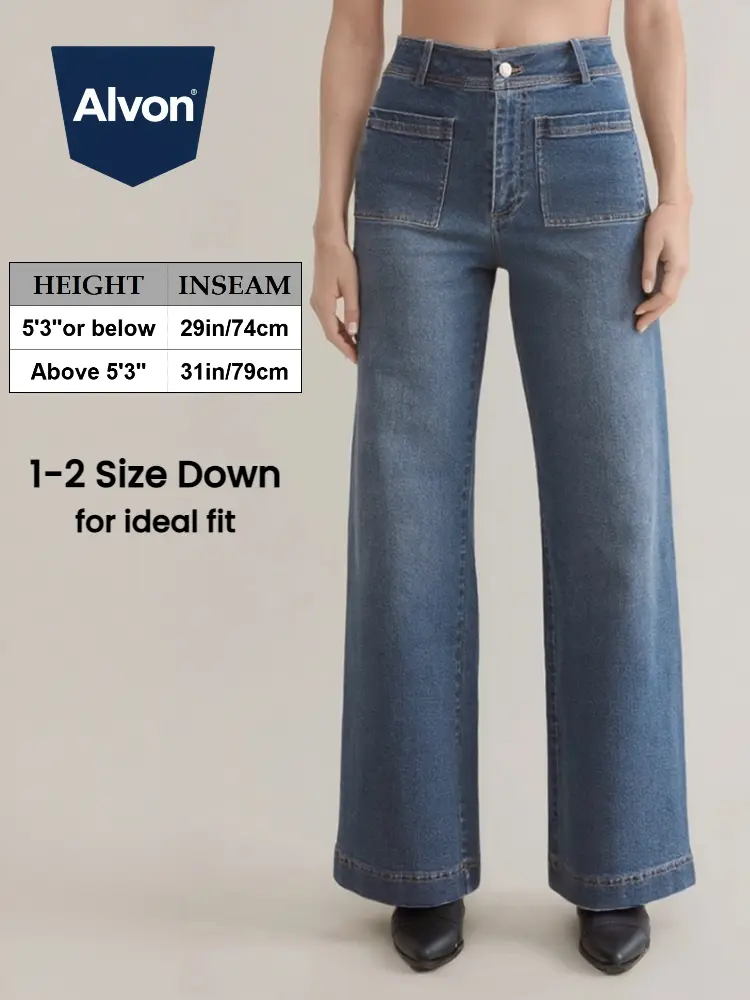 ALVON Women's Stretch Denim Pants Recycled High Waist Wide Leg Jeans Classic Streetwear Comfort Baggy Trouser Maxi Pocket Fitted
