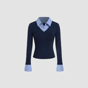 Cider [2 colors, size 0-10] Cotton-blend Collar Stripe Two Tone Top