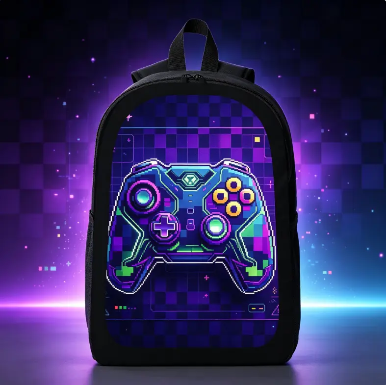 Pixel-art style game controller backpack—designed for gaming enthusiasts; suitable for students, teens, boys, and girls; unisex design; functions as a laptop bag and casual daypack; ideal for back-to-school gifts, travel, and daily school use.
