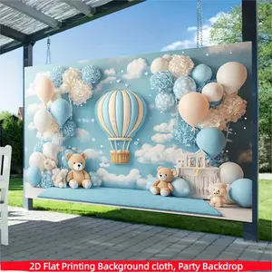 1PC， Blue hot air balloon teddy bear polyester background fabric banner with sky and cloud style, suitable for living rooms, bedrooms, offices, birthdays, anniversaries, home decor, outdoor and indoor parties, photography background fabric
