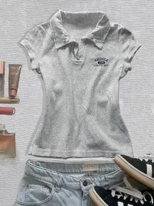 Women's V Neck Short Sleeve Fitted Polo Shirt, Casual Style for All Seasons, Versatile Fashion Essential for Summer, Tops