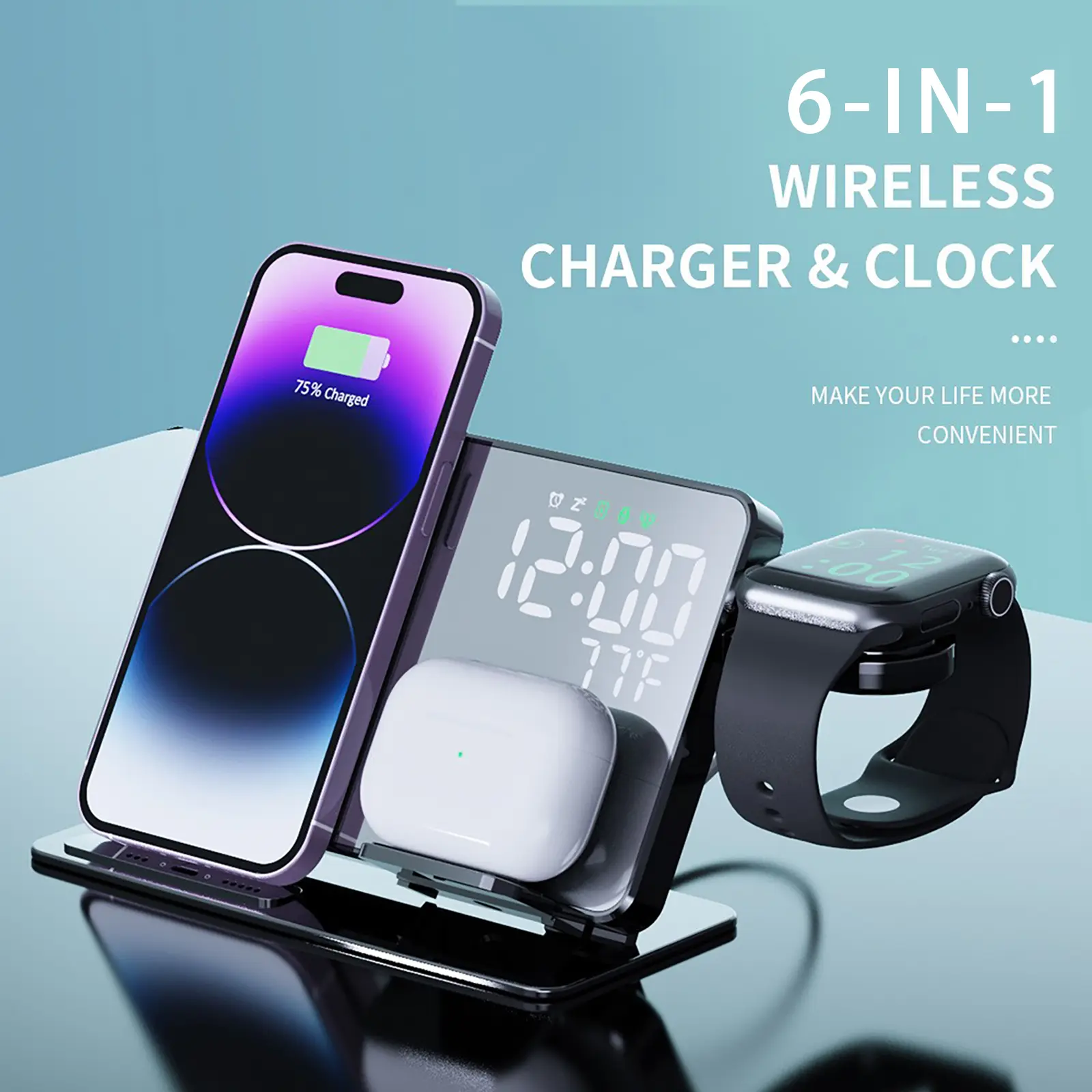 6-in-1 Wireless Charger Station for Phone/Watch/AirPods/Android Devices with LED Clock & Temp Display, Bedside Mirror, Organizer for Electronic Devices