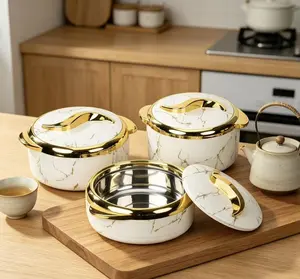 Kitchen 3-Piece Insulated Storage Container Set - Luxurious Marble Appearance, Lidded Design, Ideal for Family Gatherings, Outdoor Activities