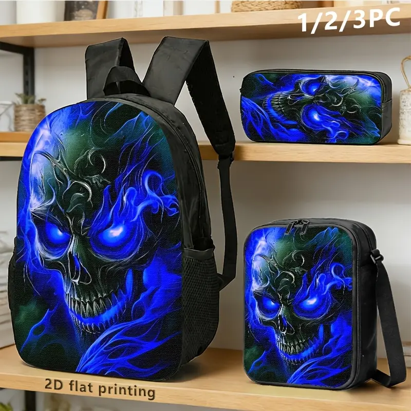 3PCS Blue Flame Skull Print Backpack Set for Teens, Water Resistant School Bag + Lunch Box + Pencil Case, Lightweight, Fits 15-inch Laptop, Breathable Straps, Dark Gothic Glowing Design