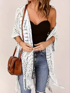Medium-Length Fashion Loose Knit Lace Kimono Open Front Cardigan, Sun Protection Large Size Women's Top Outerwear, Trendy Fringe Design