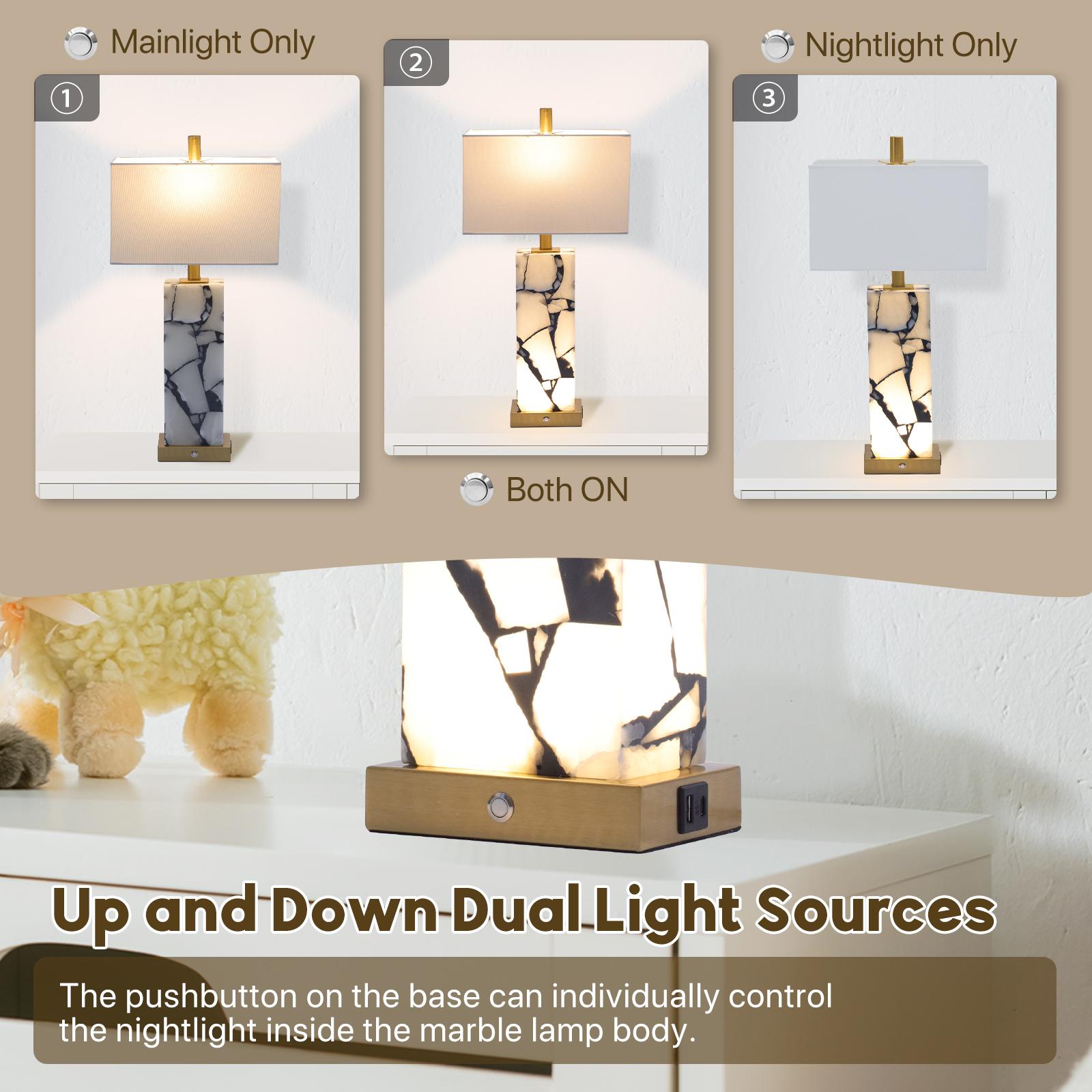 GALENTAL 25.6" Alabaster Lamp, Natural Marble Table Lamps 2 P, 3-Color Temperatures Lamp with Nightlight, Modern Table Lamp, Nightstand Lamp, Bedside Lamps with 2 USB Ports, Bedroom Lamps for Night Stands, End Table Lamps for Living Room, Bulbs Included