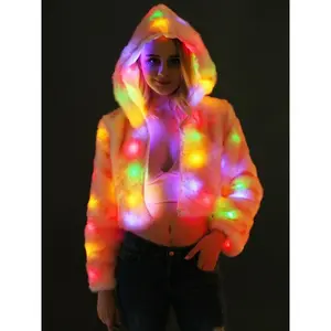Faux Fur Women's Jacket with APP Controlled LED Lights, Trendy Coat for Parties and Festivals, Hooded Long Sleeve Short Fur Jacket for Fall and Winter