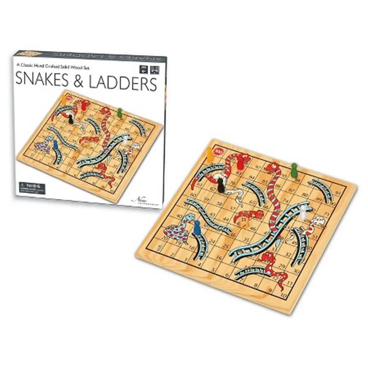 212 MAIN Family Board Game, Classic Handcrafted Solid Wood Snakes & Ladders Set, 12-Inch Board with Pieces and Dice, Wooden Board Games, Family Board Games
