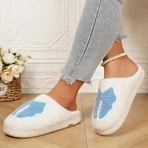 Women's Cute Bow Pattern Fuzzy Slippers Soft Plush Lined Warm Indoor House Shoes