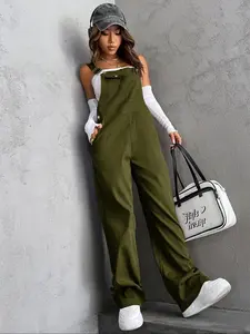 Women's Solid Color Overalls, Casual Fashion Fitted Sleeveless Overalls Jumpsuit for Daily Wear, Ladies Clothes for All Seasons, Womenswear, Casual Comfy Jumpsuit
