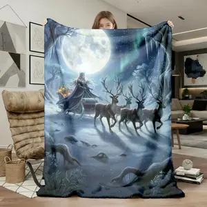 1pc Snow Queen Reindeer Sleigh Flannel Blanket, Super Soft Cozy Warm Throw for Sofa, Bed, Travel, Office, Camping, Luxury Adult Holiday Gift Decor.