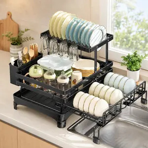 [DealsForYouDays] Foldable Over Sink Dish Drying Rack  Pull-Out 2-Tier Dish Drainer with Utensil Holder  Space Saving Kitchen Organizer for Small Kitchens