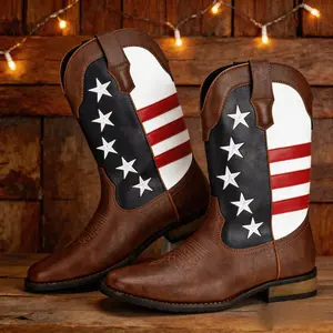 USA 250th Independence Day American Flag Deck Cowboy Boots for Men Square Toe Mid Calf Pull On Vintage Embroidered Soft PU Leather Western Boots Botas Vaqueras Para Hombre Parade Rodeo