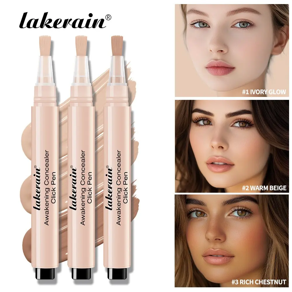 Lakerain Press Concealer Pen, Liquid Foundation Concealer, Waterproof Sweatproof, Hydrating Buildable Coverage, Covers Dark Circles Acne Scars Spots, Face Brush Highlighter, Three Colors Available