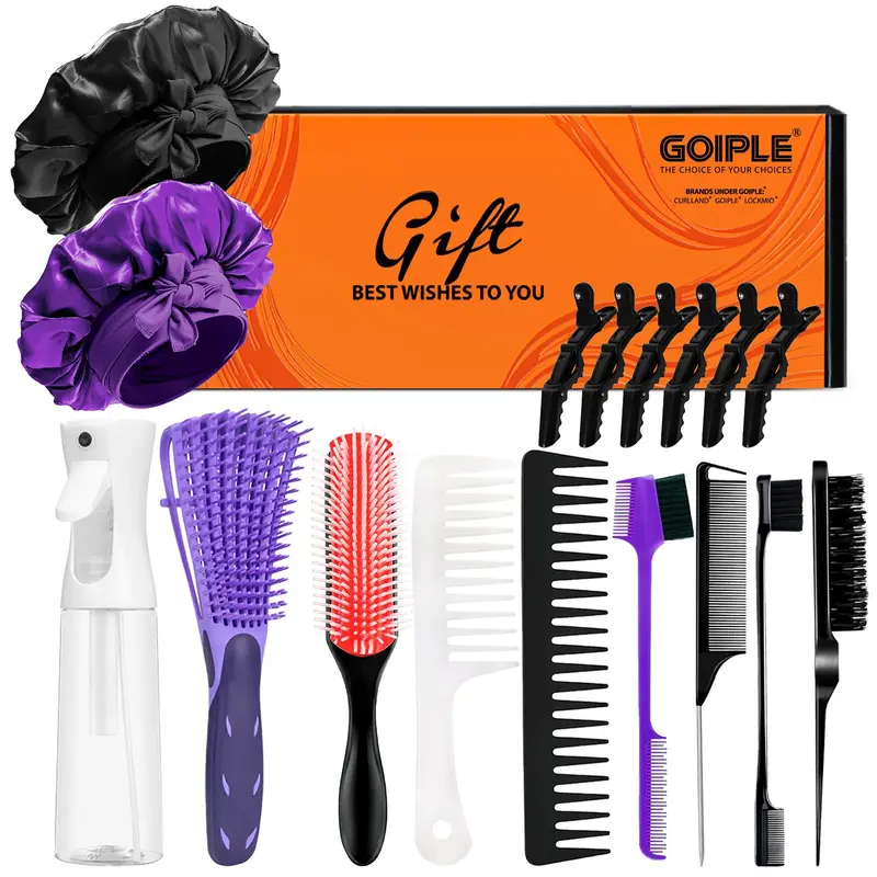Goiple Halloween Gifts 17-Piece All-in-1 Kit Hairdress Supplies Anti Tangle Brushes Set - Non-Slip Grip Hair Tools, Wide-Tooth Comb, 9-Row Detangle Brush, Satin Bonnet (Purple) for All Hair Types