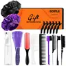 Goiple Halloween Gifts 17-Piece All-in-1 Kit Hairdress Supplies Anti Tangle Brushes Set - Non-Slip Grip Hair Tools, Wide-Tooth Comb, 9-Row Detangle Brush, Satin Bonnet (Purple) for All Hair Types