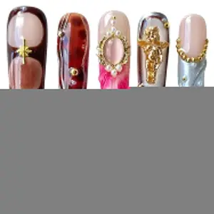 Handmade Press On Nails Vintage Style Gold Angel & Flower Design with Amber Print, Medium/Long Square Shape Acrylic False Nails, Reusable Luxury Retro Nail Art (Cherub, M)