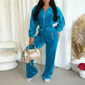 Kafiloe Velour Sweatsuit Women 2 piece sets  Outfits  Jogging Suit Full Zipper Sweatshirt Wide Leg Sweatpants Tracksuit Lounge Set Sporty Set Sportswear Running Fitness