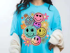 Comfort Color Smiling Face Shirt, Distressed Smiling Face Tshirt, Happy Face Shirt for Women,Flower Smiling Face Collage T-shirt,Smiling Emoji Top Tee