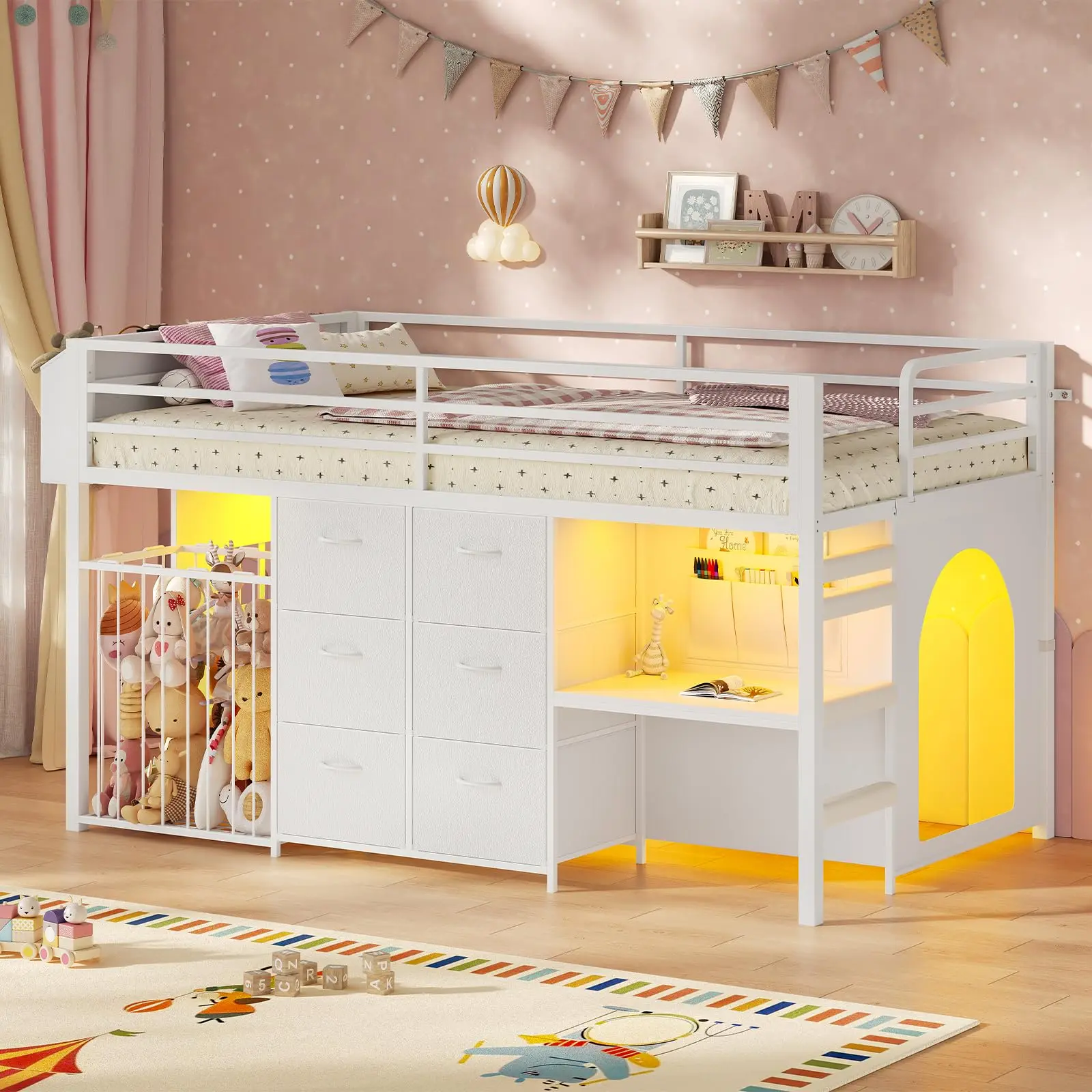 Twin Loft Bed with Desk & Stuffed Animal Storage, Twin Size Metal Bed with 6 Storage Drawers, LED Lights, Low Loft Bed with 13" H Safety Guardrail & Play Curtain, Under-Bed Play Space, White