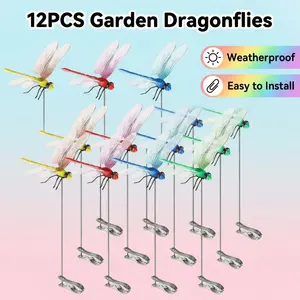 12 Pack Colorful 3D Dragonfly Garden Picks 25cm, Realistic Plastic Stake Ornaments with Flexible Stems, Perfect for Flower Bed Balcony Yard Lawn Indoor Outdoor Potted Plant Decor