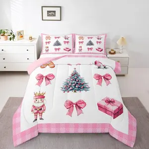 Christmas Tree Bedding Comforter Sets,Pink Xmas Bowknot Bedding Set,Cute Santa Claus Gingerbread Man Comforter Set,Kawaii Grid Plaid Quilt Duvet