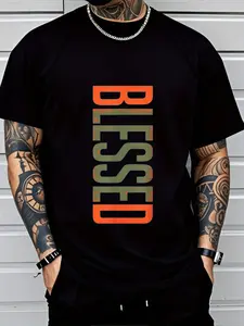 Men's Large Size Tall "blessed" Slogan T-Shirt, Bottom Camo Vertical Text, Loose Streetwear Top, Casual Fit