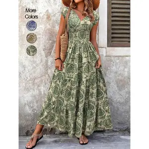 Women's All Over Print Shirred Dress, Boho Fashion Short Sleeve V Neck Dress for Daily Holiday Vacation Wear, Women Dress for Summer