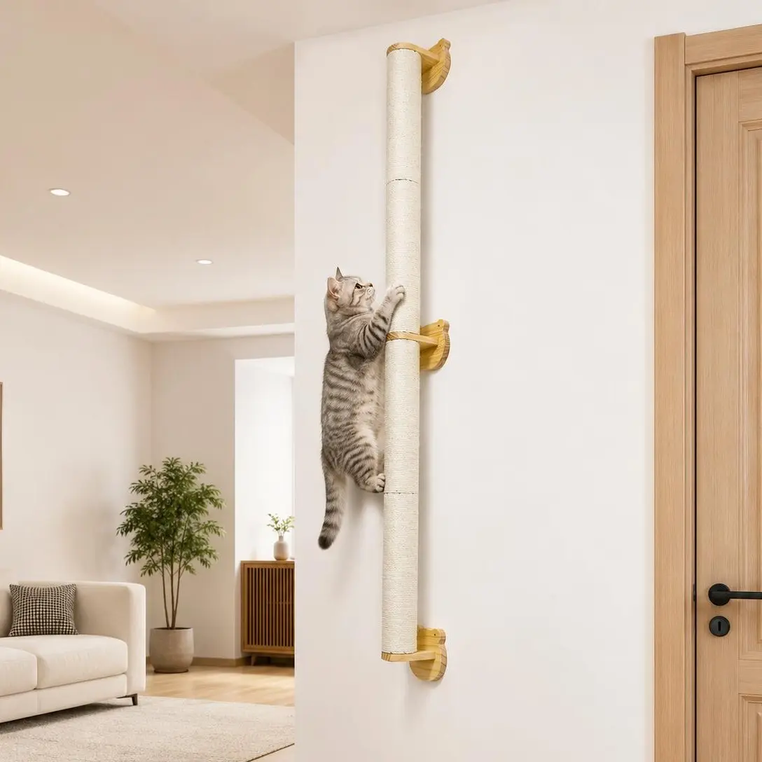 Cat Wall Scratcher, 60" Tall Kitten Scratching Post | Natural Sisal Pole, Wall Mounted Climbing Tree for Indoor Large Cats