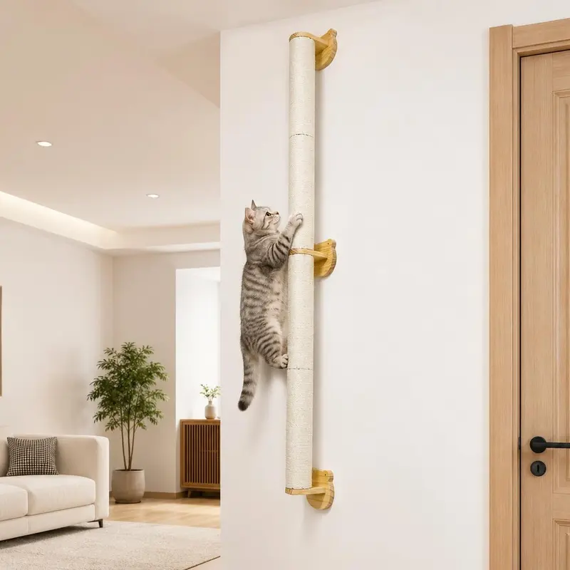 60" Cat Wall Scratcher, Kitten Scratching Post Natural Sisal Pole, Wall Mounted Climbing Tree for Indoor Large Cats