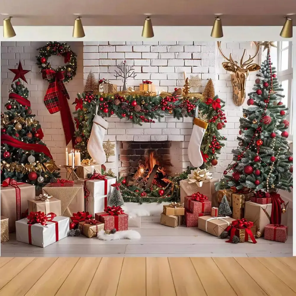 1pc Polyester Festive Christmas Backdrop - Party Decorations Banners with Decorated Tree, Gift Boxes, Cozy Fireplace Scene, Photo-Ready for Holiday Party, Happy Birthday Celebrations, Home Supplies