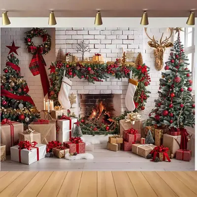 10x8ft Christmas Fireplace Photography Backdrop - Xmas Window Snowflake Holiday Background