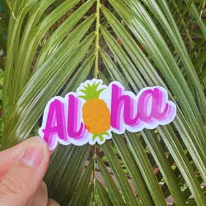 Aloha Pineapple Sticker - Vinyl Decorative Sticker with Pineapple Design and "ALOHA" Text in Purple and Yellow