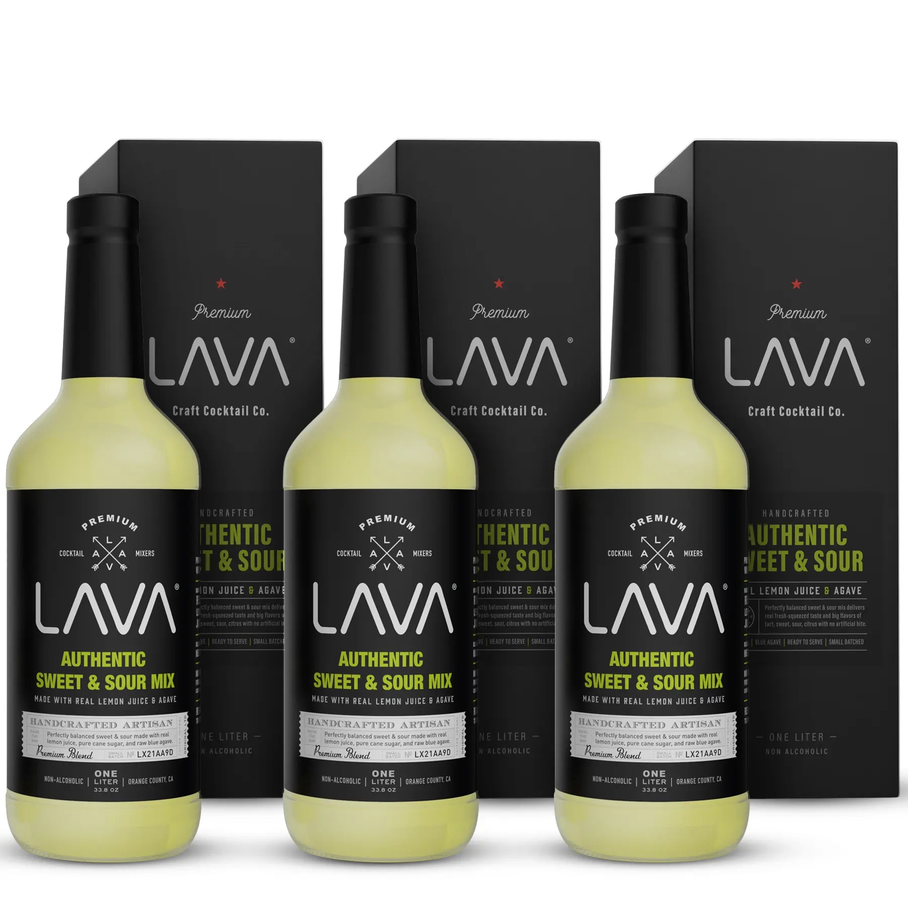 (3-Pack) LAVA Premium Authentic Sweet & Sour Mix, Made with Real Lemon Juice, Lime Juice, Raw Blue Agave, No Artificial Sweeteners. Whiskey Sour, Long Island Iced Tea, Lemon Drop. 33.8oz Beverage