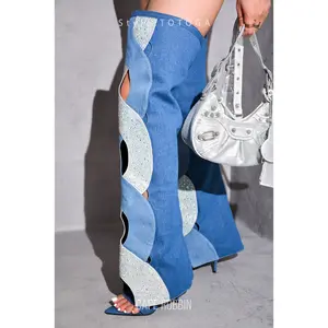 Totoga Rhinestone Thigh High Fold Over Boots - Denim