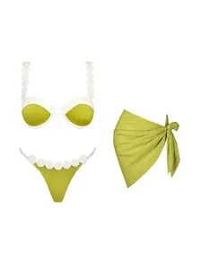 2026 new color-block patchwork trim women’s micro bikini three-piece set—fashionable, sexy two-piece swimsuit with a short skirt; casual vacation beachwear and party outfit