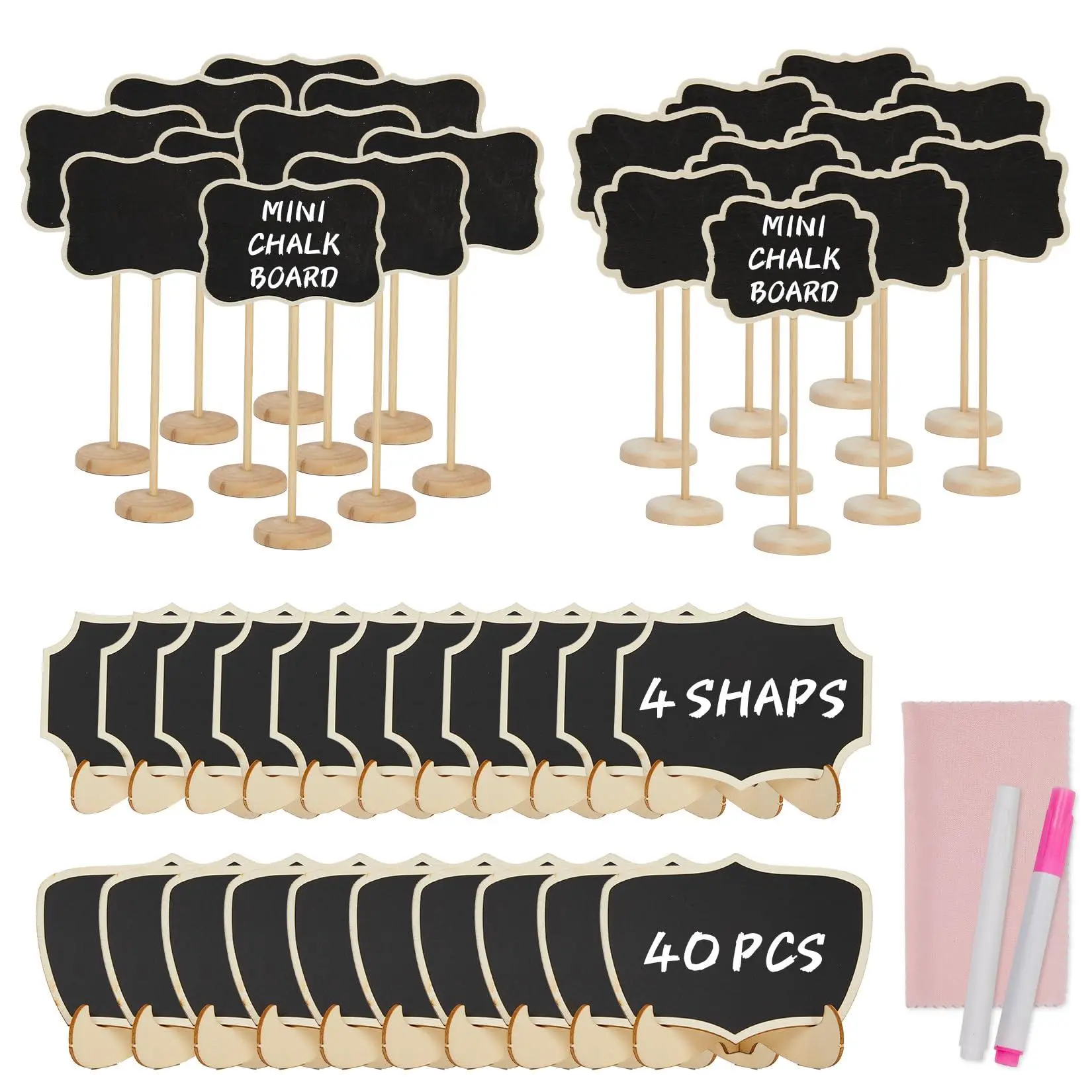 40 Pack Mini Chalkboard Signs, Reusable Food Signs for Buffet, Wooden Tabletop Chalkboard Labels with Stand & Marker, Small Blackboards for Party, Wedding & Home Decor