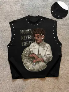 Men's Summer Hip Hop Street Style Sleeveless Top, Tank Top, Vest Top with Graphic Money Print and Metal Studs, Casual Fashion for Music Festivals