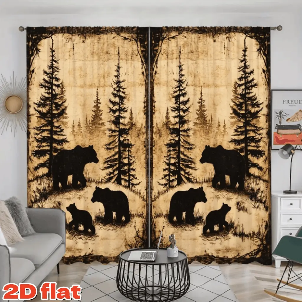 2D Flat 2Pcs Wild Black Bear & Forest Pine Tree Printed Curtain Panel, Curtain Replacement, Home Decoration Curtain, Rod Pocket Style, Semi Sunshade Polyester Fiber, Rustic Cabin Lodge Decor for Living Room, Bedroom, Window Decoration, Christmas Gift