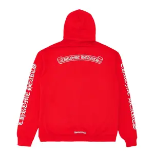 Men's Chrome Hearts Scroll Logo Print Hooded Sweatshirt - Red White, Casual Long-Sleeve Pullover Top