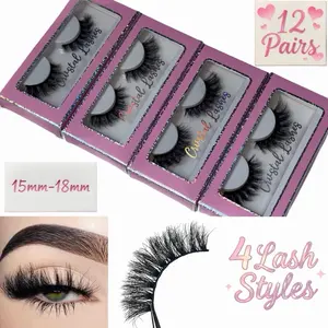 12 Pairs 15mm-18mm Lashes 4 Styles Fluffy High Quality Full Volume Faux Mink Lightweight Strip Eyelashes Volumized Curly