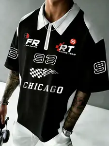 Men's Oversize Chicago Racing Theme Polo Shirt, Loose-Fitting Zipper Collar Letter Print Short Sleeve, Street Style Motorcycle