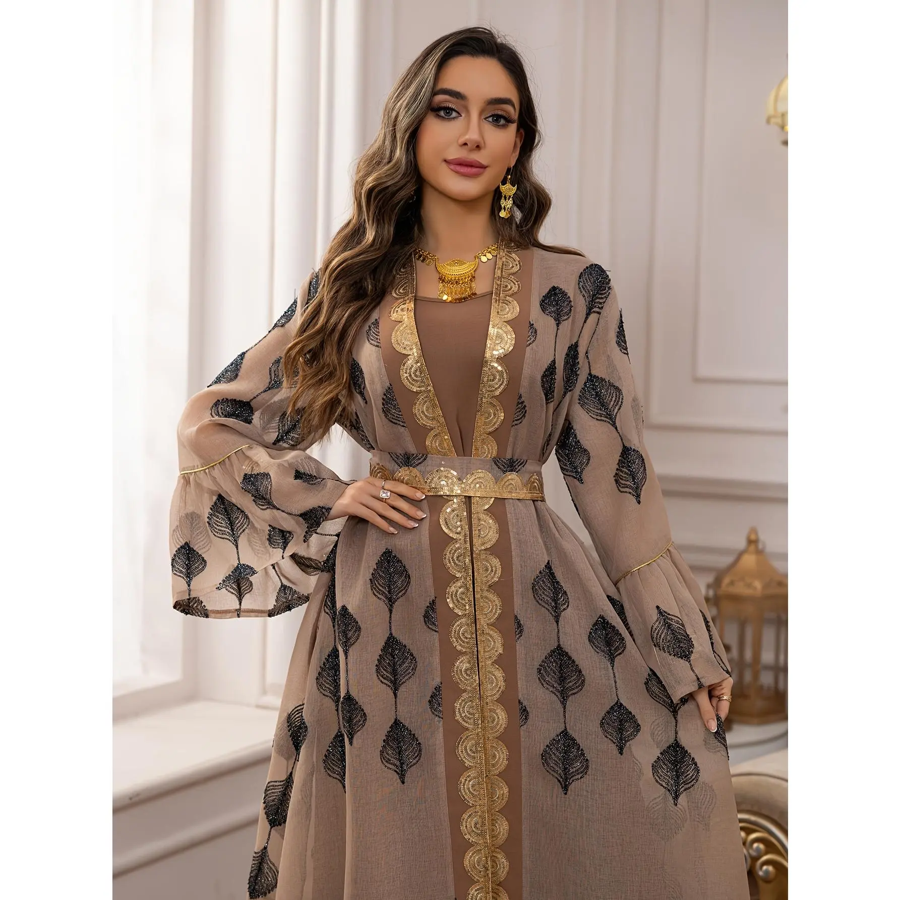 2025 Hot Selling Two-Piece Arabian Special Supply Long Robe Brown Black  Embroidered Appliqu Fashionable Dress High-End Mesh Embroidered Party Dress  Set - TikTok Shop