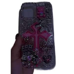Pink and Silver Glitter Phone Case with Cross Design and Heart Accents for Stylish Protection